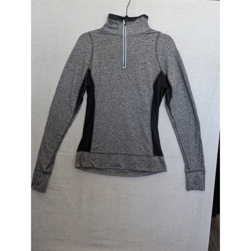 Women's Quarter Zip Running Top Gray Black Thumbholes Mesh Panels Size M REVA